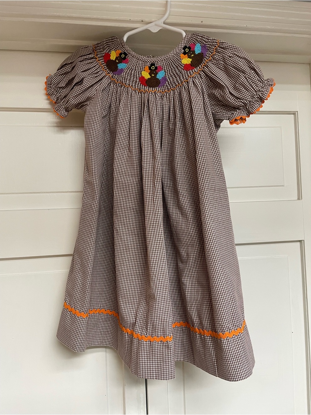 2.T Smocked Turkey Brown Gingham Kids Dress with Orange Trim